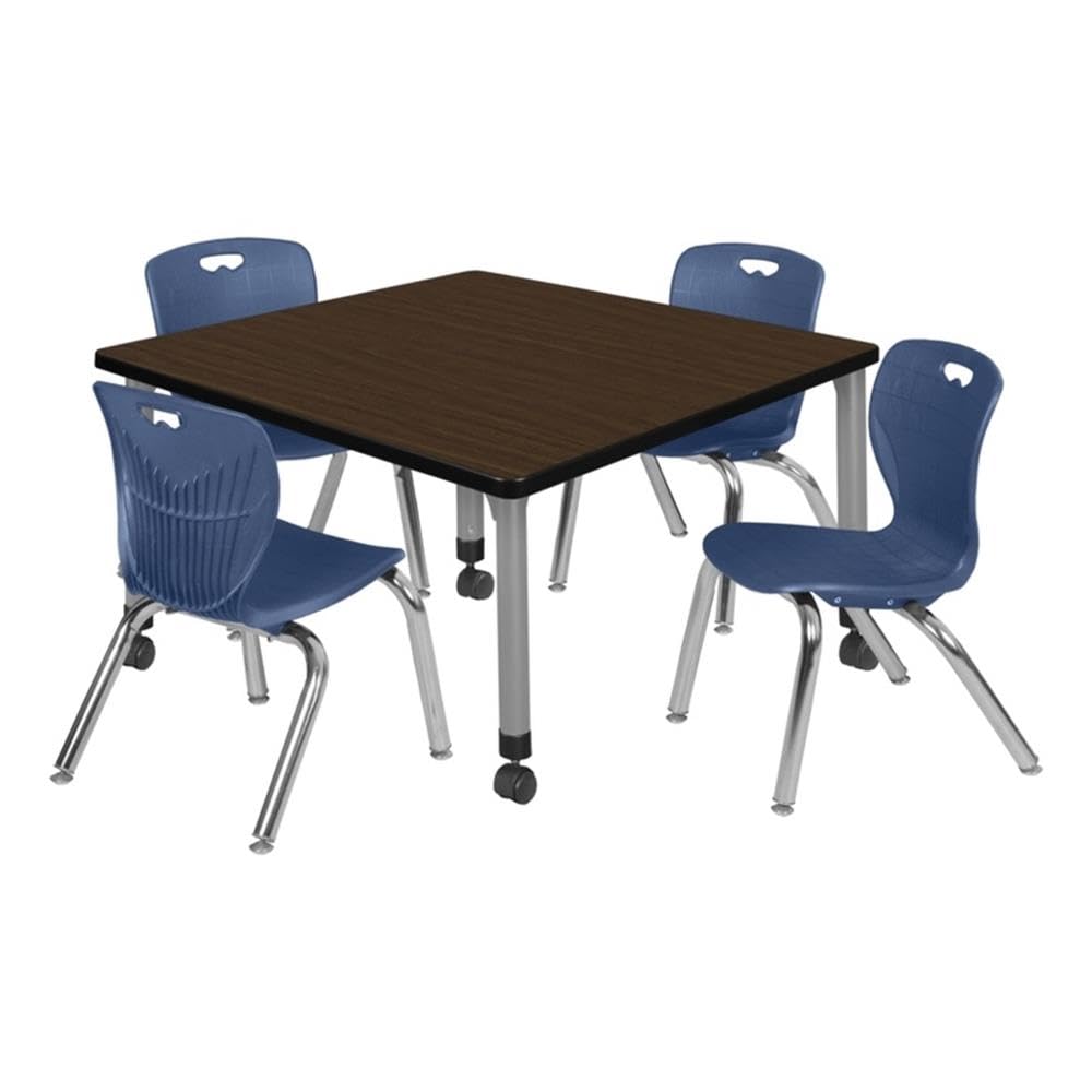 42" Square Mobile Table with 4 Blue Stack Chairs Q22055