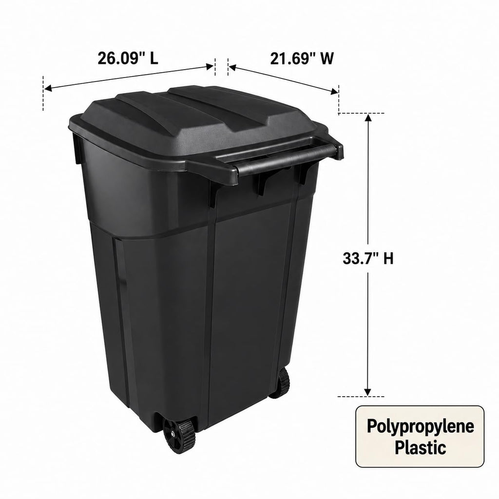 45 Gallon Black Outdoor Trash Can with Wheels and Attached Lid P902
