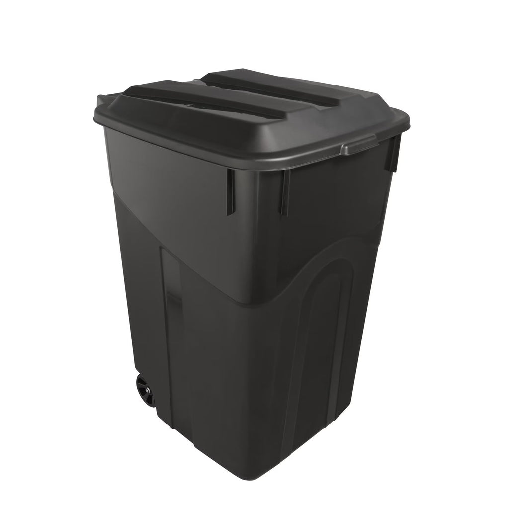 45 Gallon Black Outdoor Trash Can with Wheels and Attached Lid P902