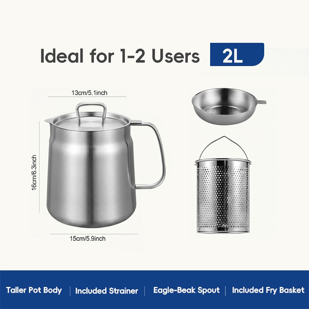2L 304 Stainless Steel Deep Fryer Pot with Basket, Strainer & Lid H133