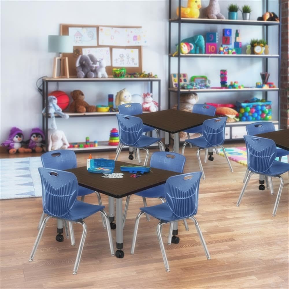 42" Square Mobile Table with 4 Blue Stack Chairs Q22055