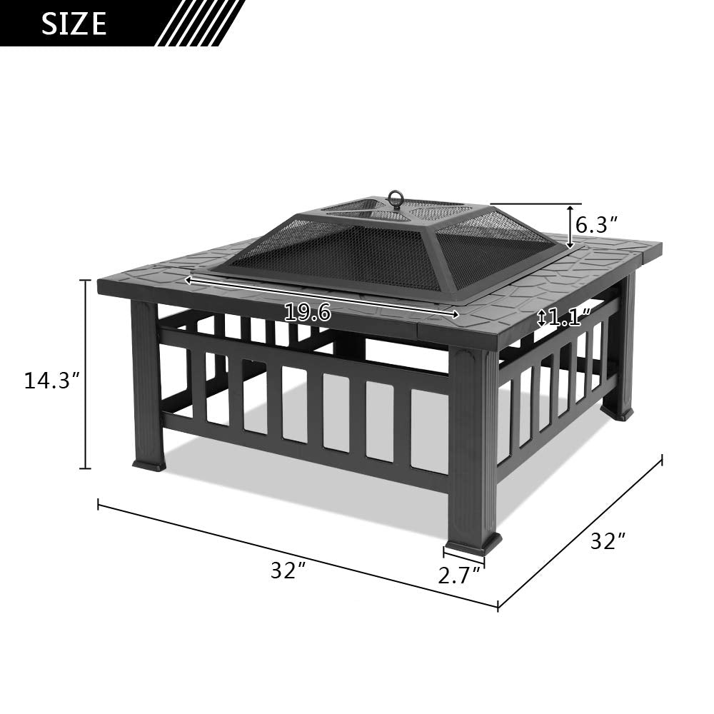 32in Square Metal Wood Burning Fire Pit with Spark Screen D98482