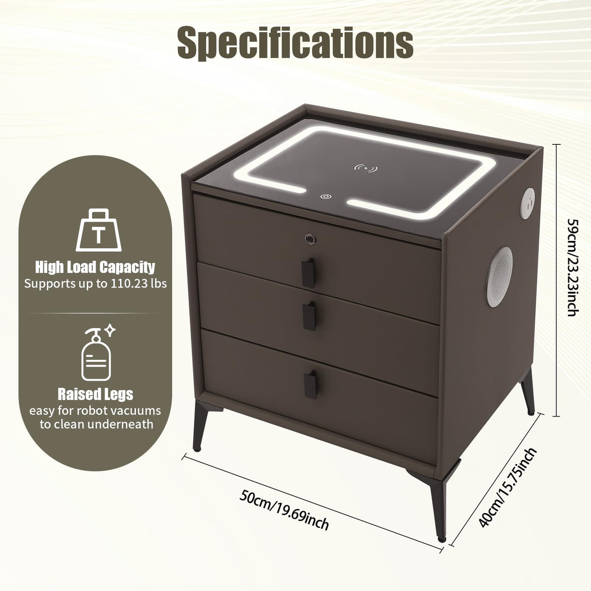 Dark Grey 3-Drawer Nightstand with Charging Station P5778