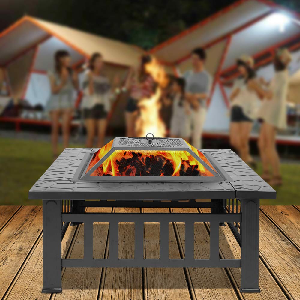 32in Square Metal Wood Burning Fire Pit with Spark Screen D98482