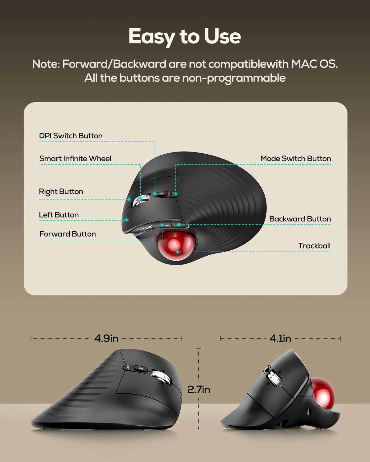 Wireless Ergonomic Vertical Trackball Mouse T743283