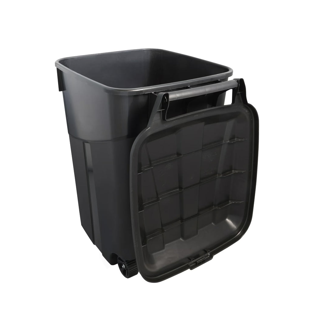 45 Gallon Black Outdoor Trash Can with Wheels and Attached Lid P902