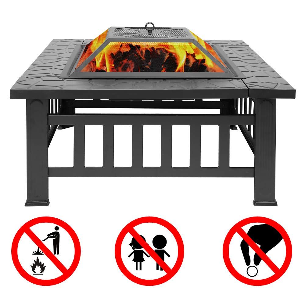 32in Square Metal Wood Burning Fire Pit with Spark Screen D98482