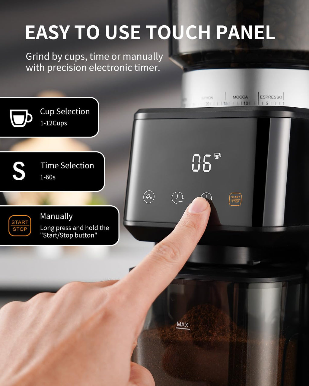 Electric Conical Burr Coffee Grinder with Timer H764