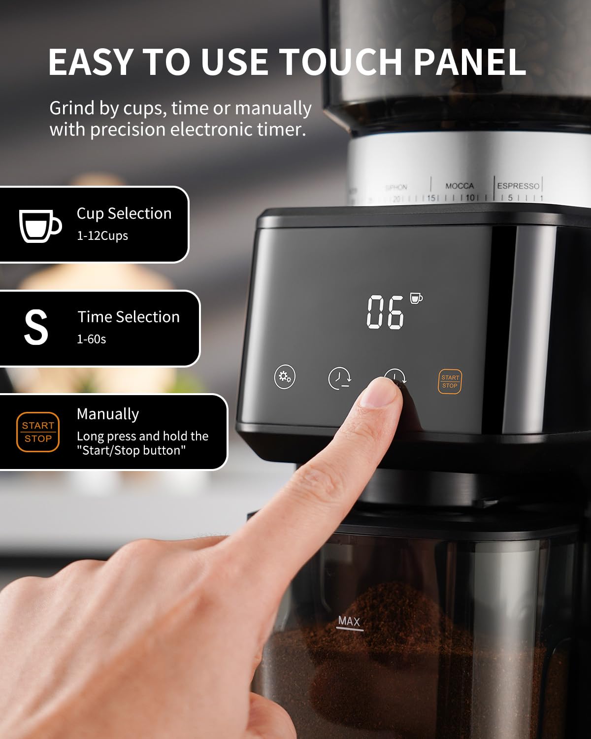 Electric Conical Burr Coffee Grinder with Timer H764