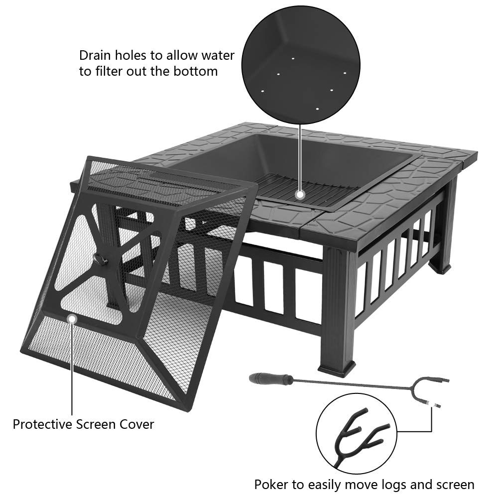 32in Square Metal Wood Burning Fire Pit with Spark Screen D98482