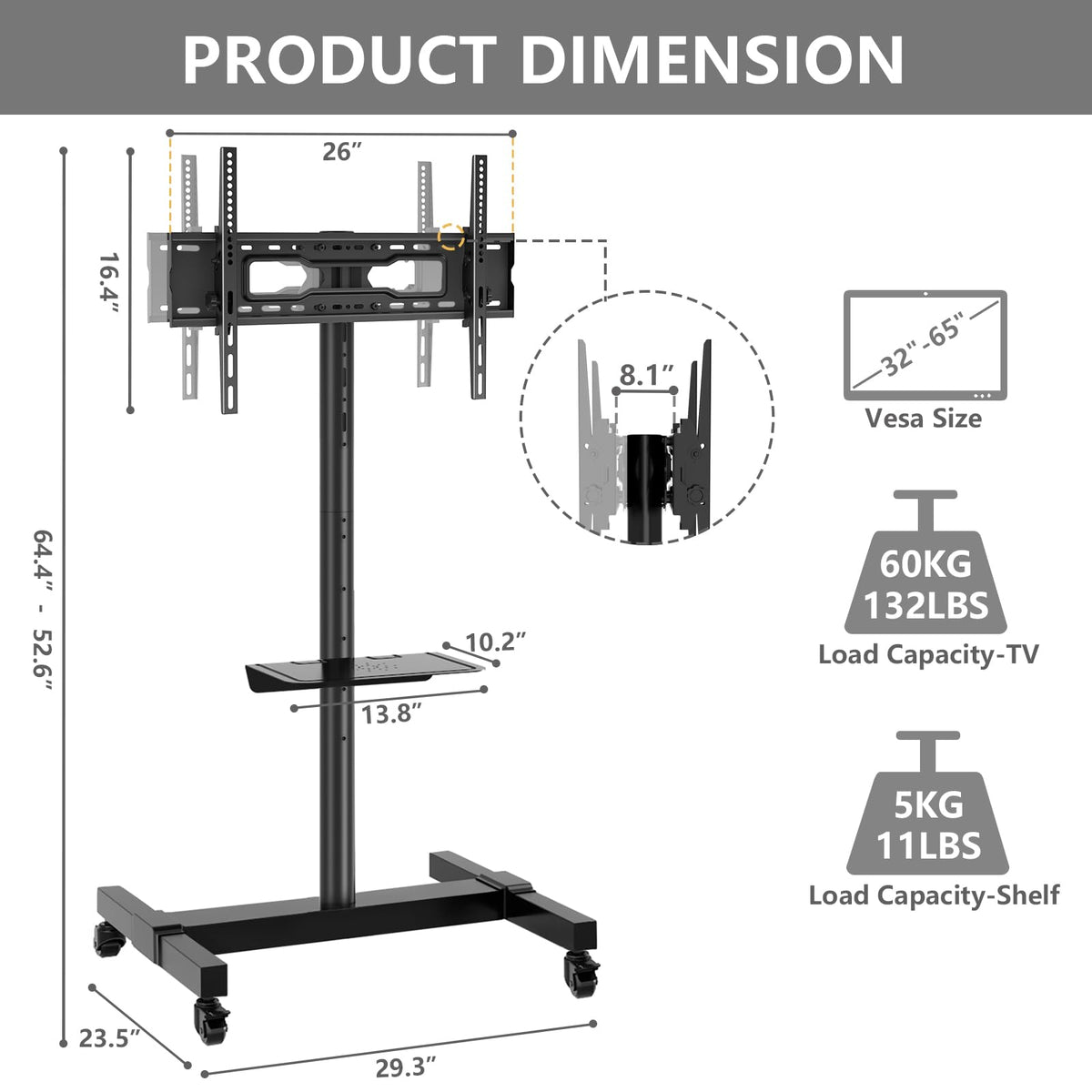 Mobile Dual TV Stand for Two 32-65 Inch Flat Panel Curved TV U89227