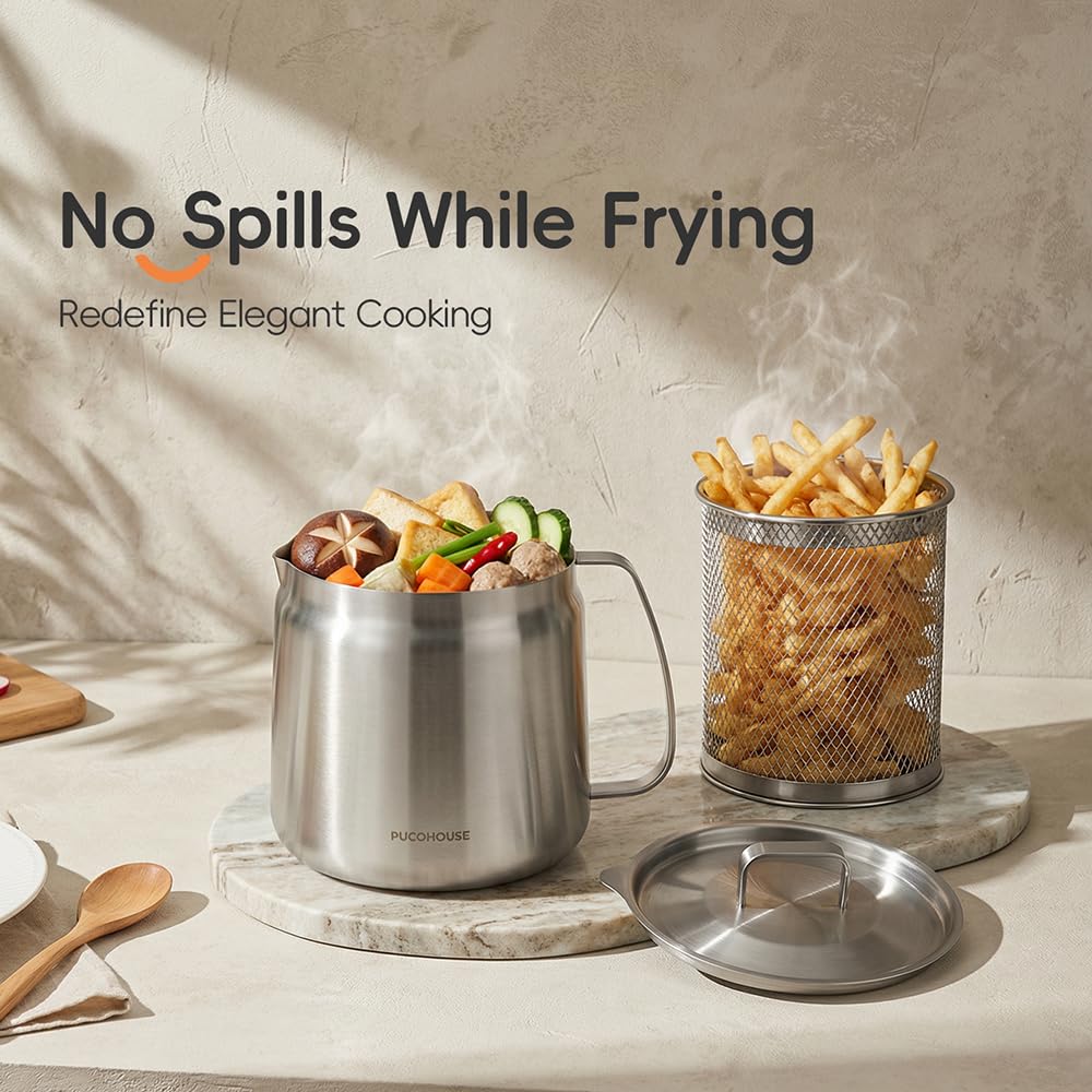 2L 304 Stainless Steel Deep Fryer Pot with Basket, Strainer & Lid H133
