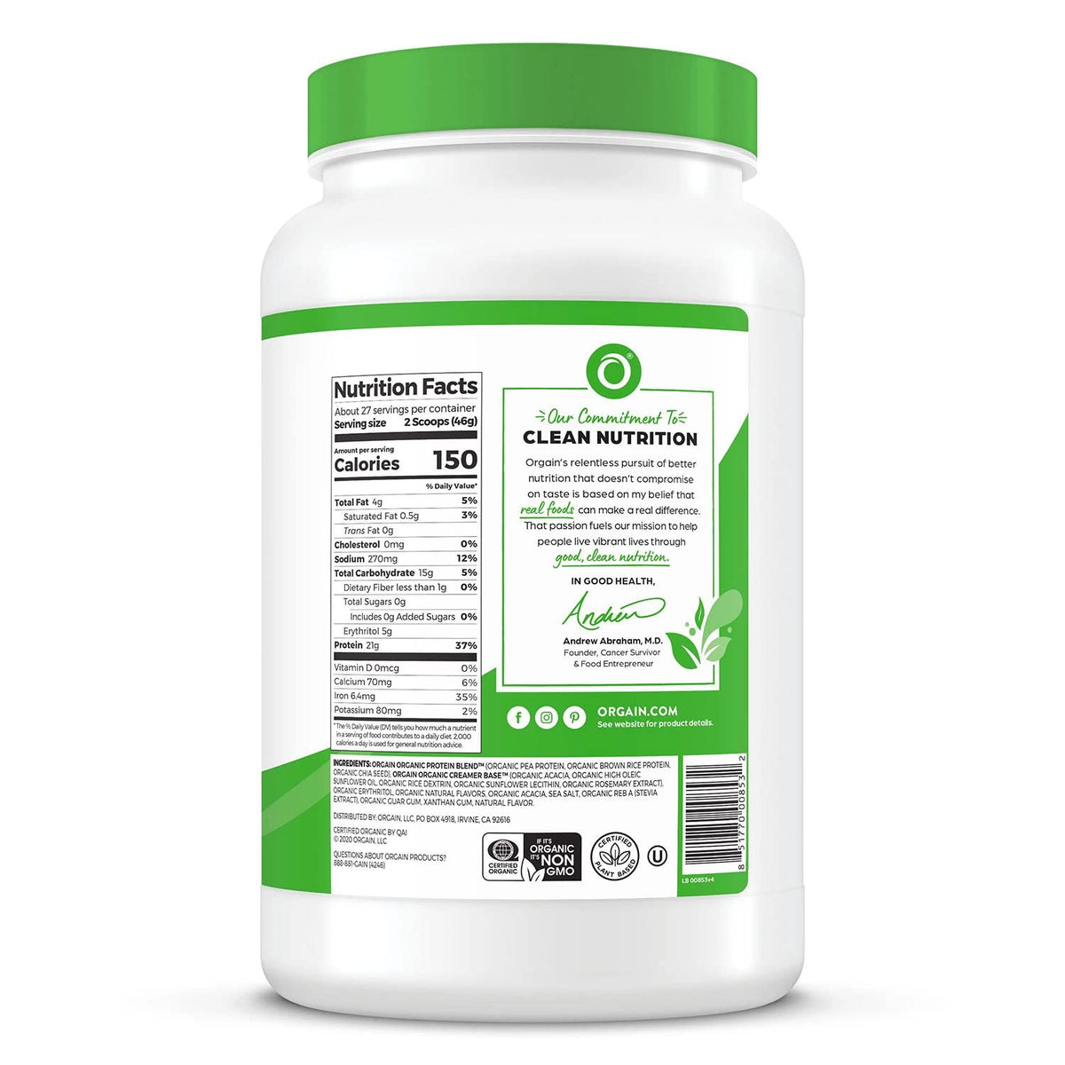 Organic Plant Based Protein Powder Vanilla Bean 2.74 lb T363605