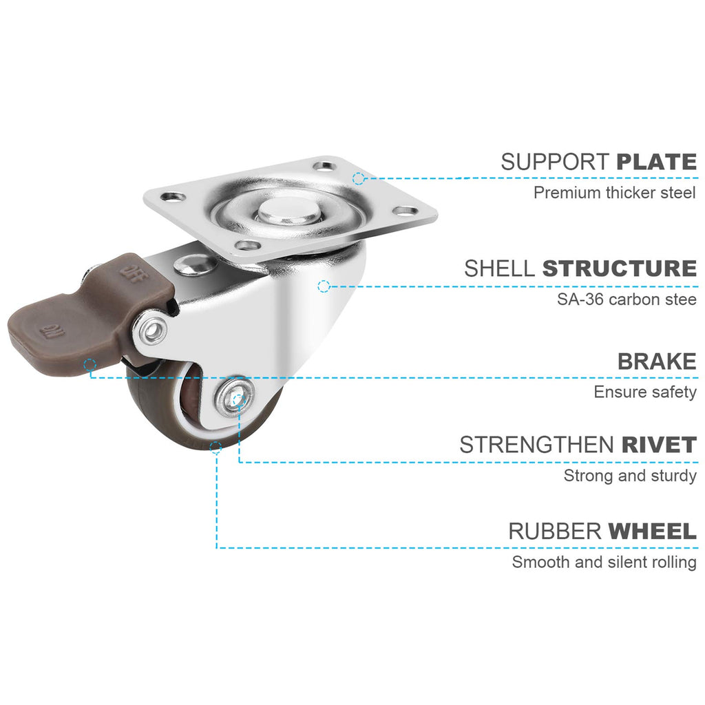 1 Inch TPE Rubber Swivel Caster Wheels Set of 4 with Brakes U78980