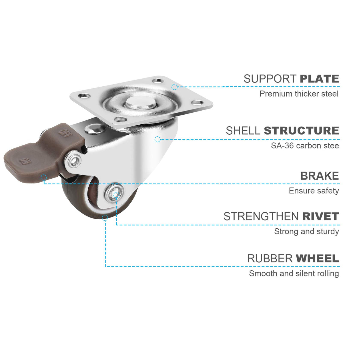 1 Inch TPE Rubber Swivel Caster Wheels Set of 4 with Brakes U78980