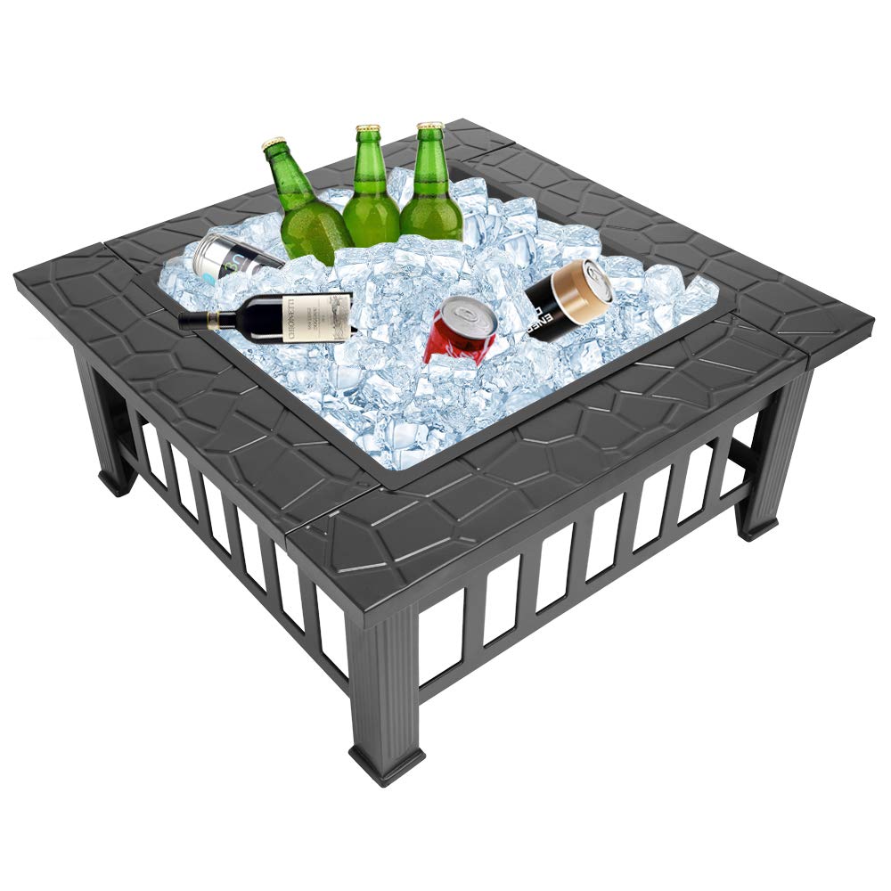 32in Square Metal Wood Burning Fire Pit with Spark Screen D98482