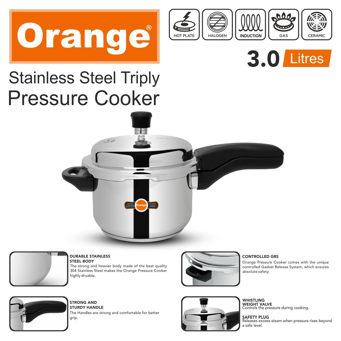 Orange Triply Stainless Steel Pressure Cooker 3L S2967