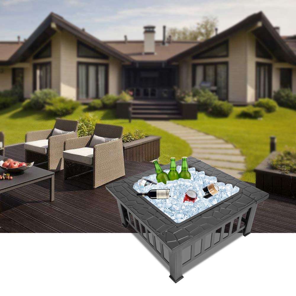 32in Square Metal Wood Burning Fire Pit with Spark Screen D98482