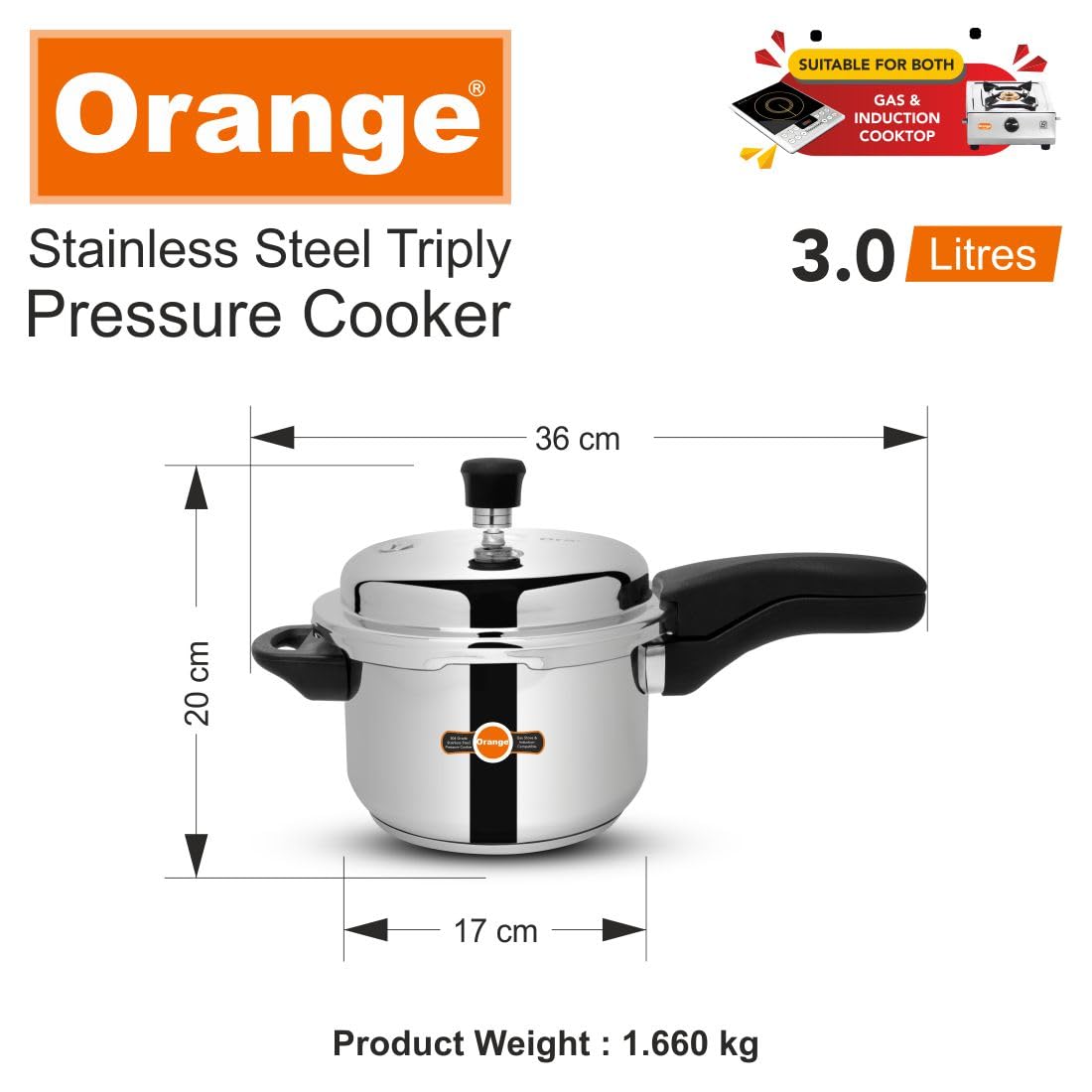 Orange Triply Stainless Steel Pressure Cooker 3L S2967