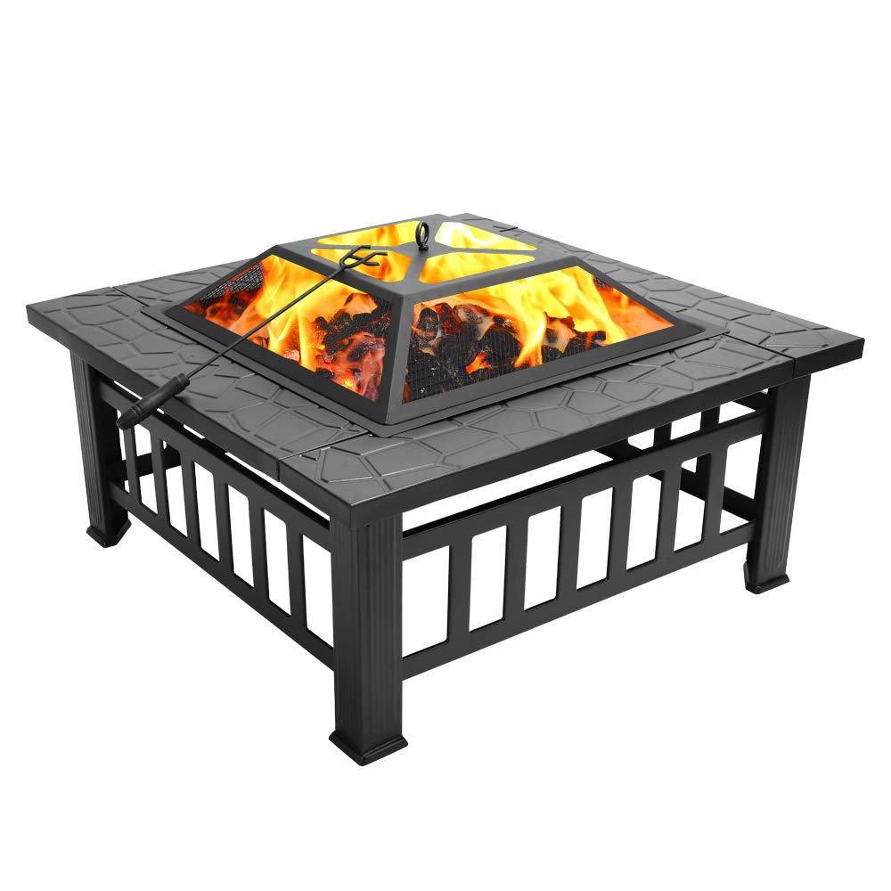 32in Square Metal Wood Burning Fire Pit with Spark Screen D98482