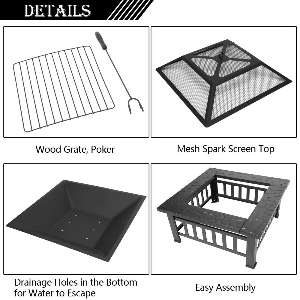 32in Square Metal Wood Burning Fire Pit with Spark Screen D98482