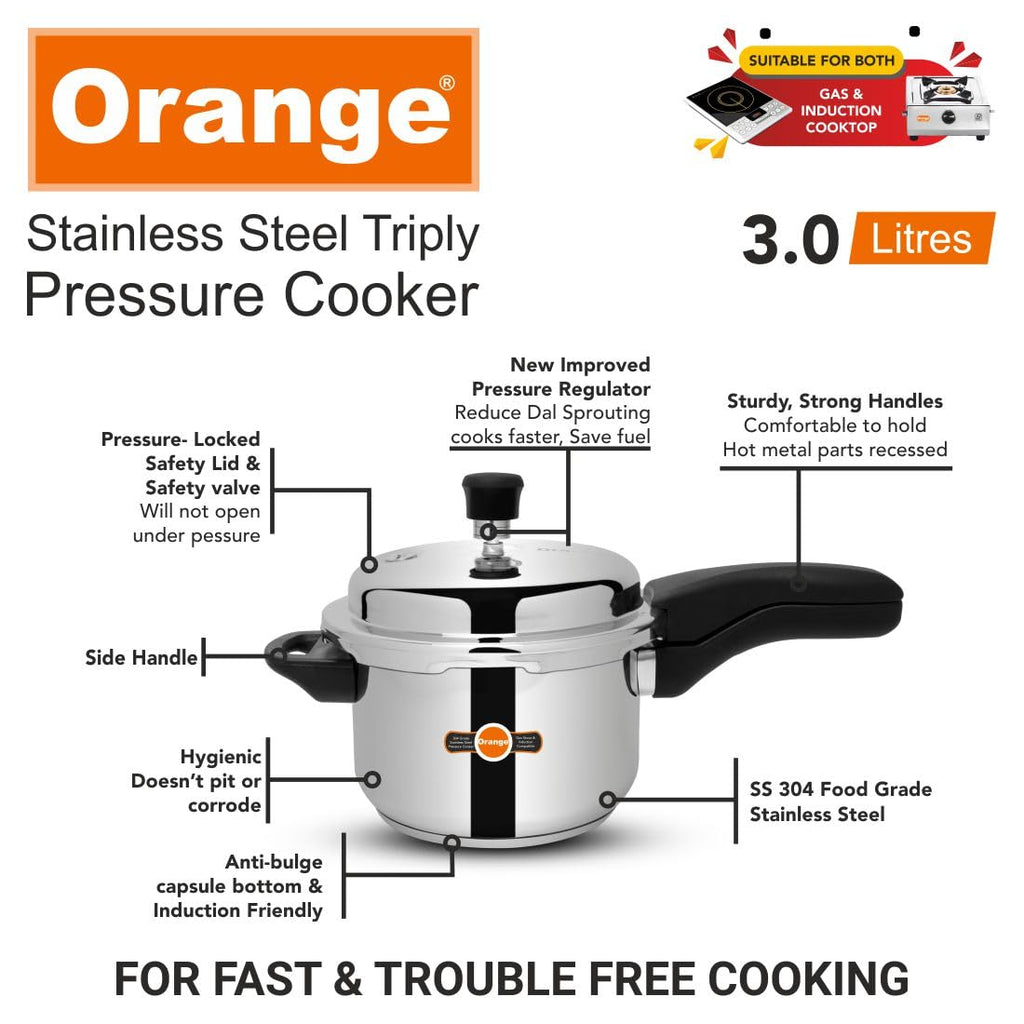 Orange Triply Stainless Steel Pressure Cooker 3L S2967
