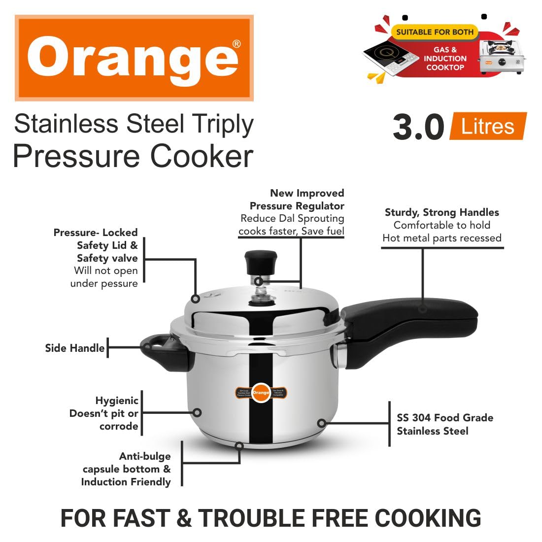 Orange Triply Stainless Steel Pressure Cooker 3L S2967