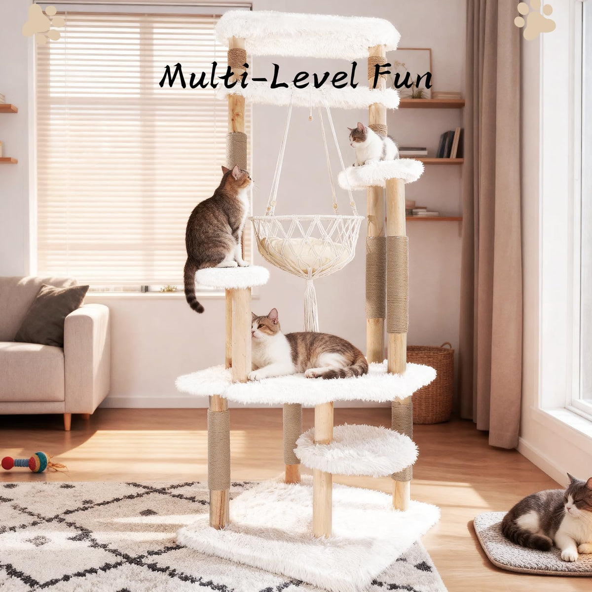 70" Tall Natural Solid Wooden Cat Tree Tower with Scratch Posts M978