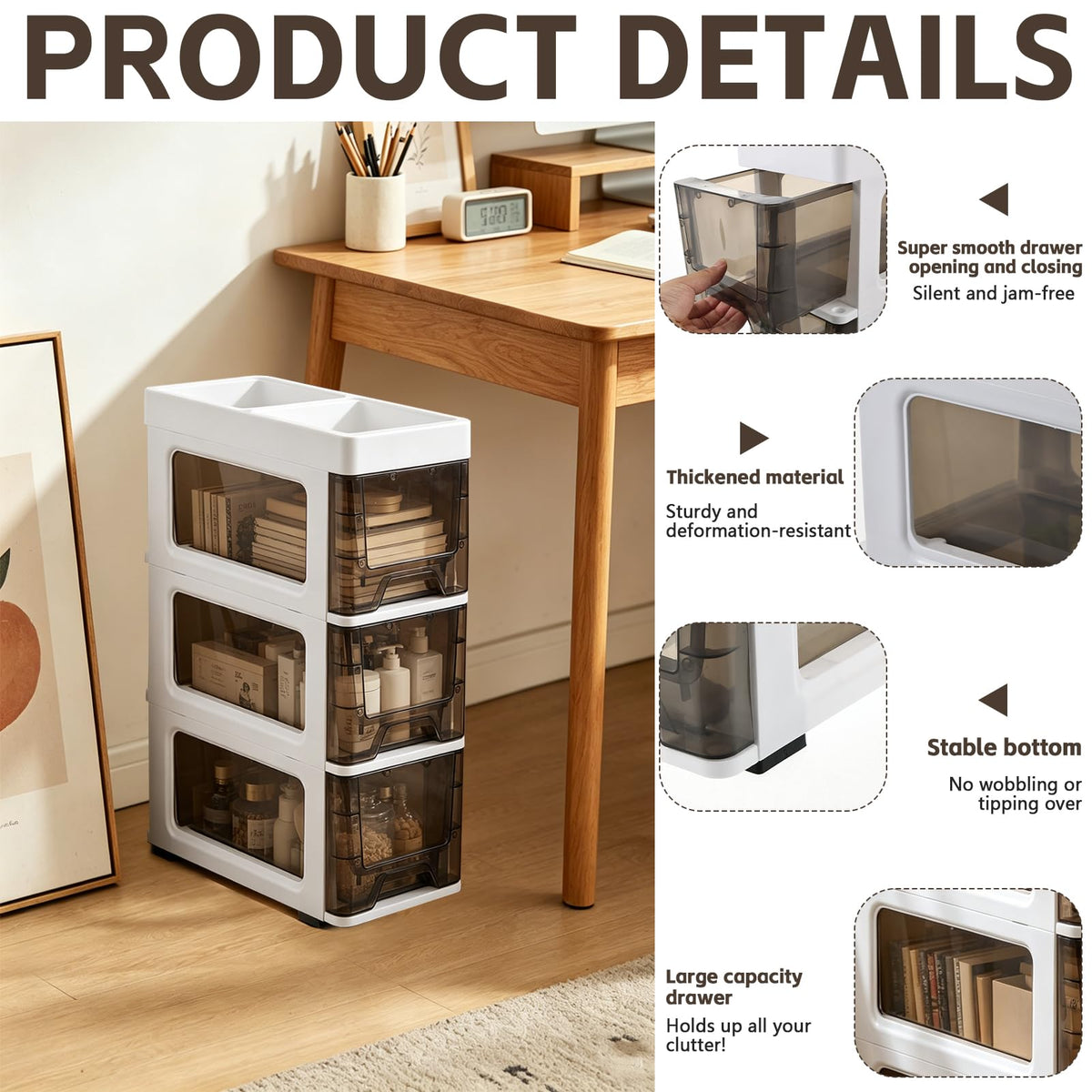 3 Drawer Narrow Plastic Storage Cart with Wheels X37779