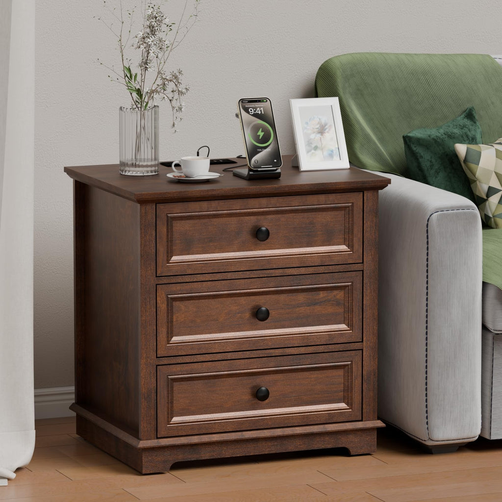 Cherry 3 Drawer Wood Nightstand with Charging Station K627