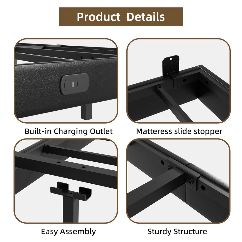 Black Floating Upholstered Platform Bed Frame Full Size with LED Lights and Charging Station N6280