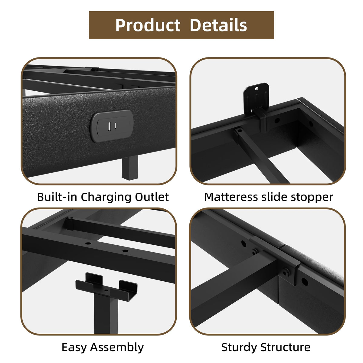 Black Floating Upholstered Platform Bed Frame Full Size with LED Lights and Charging Station N6280