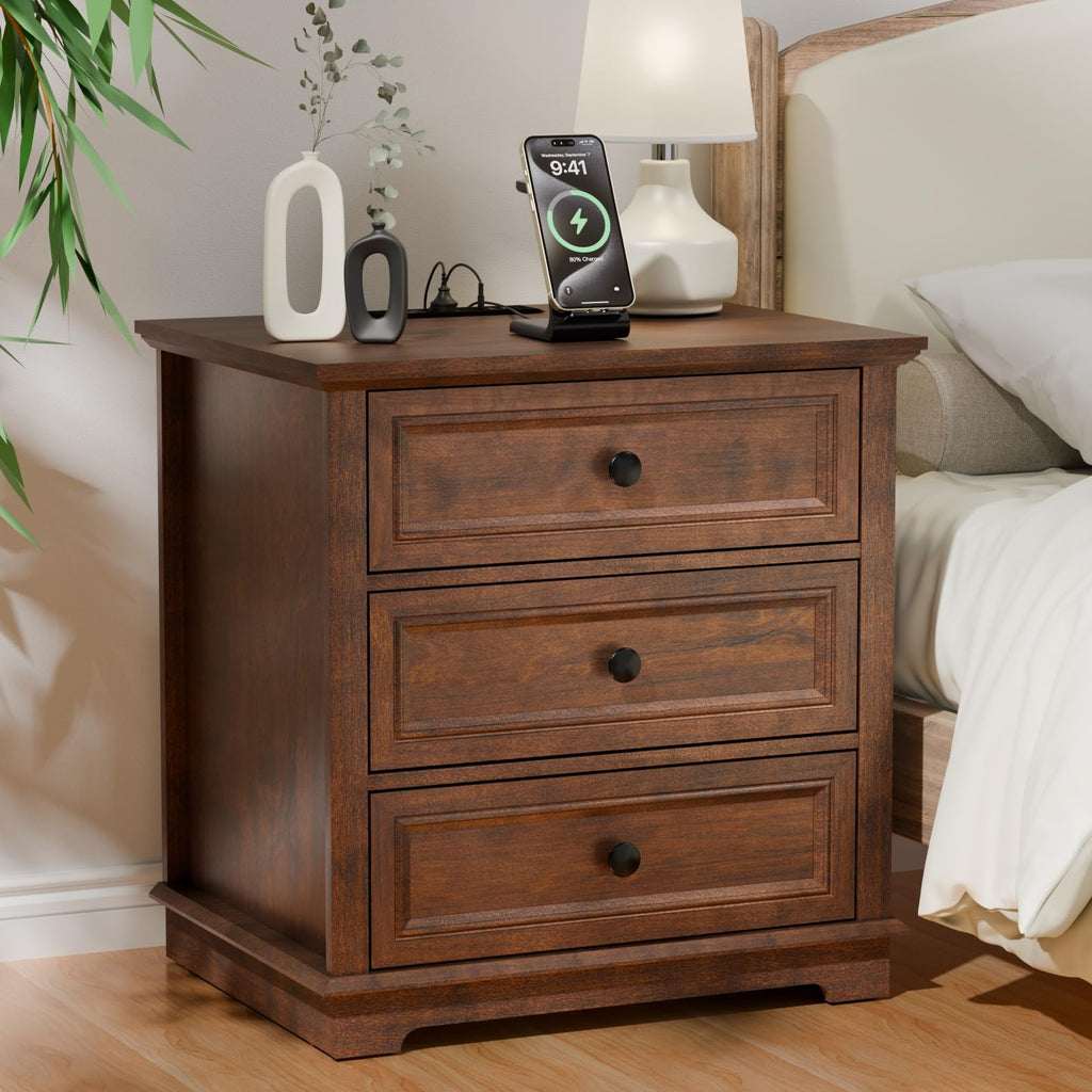 Cherry 3 Drawer Wood Nightstand with Charging Station K627