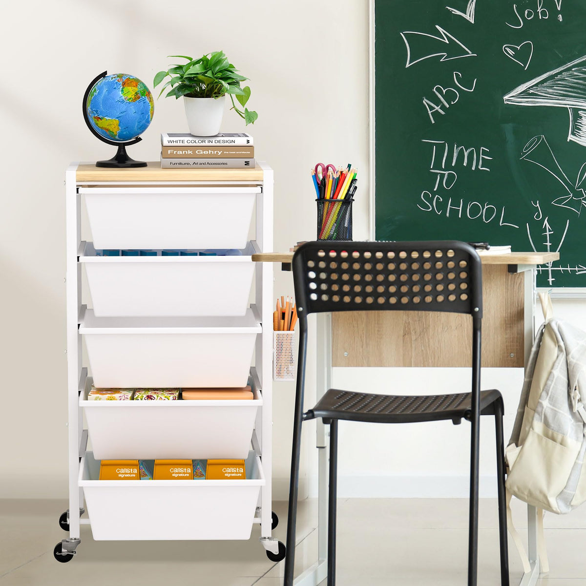 Rolling Storage Cart with 5 Plastic Drawers and Wooden Tabletop E919