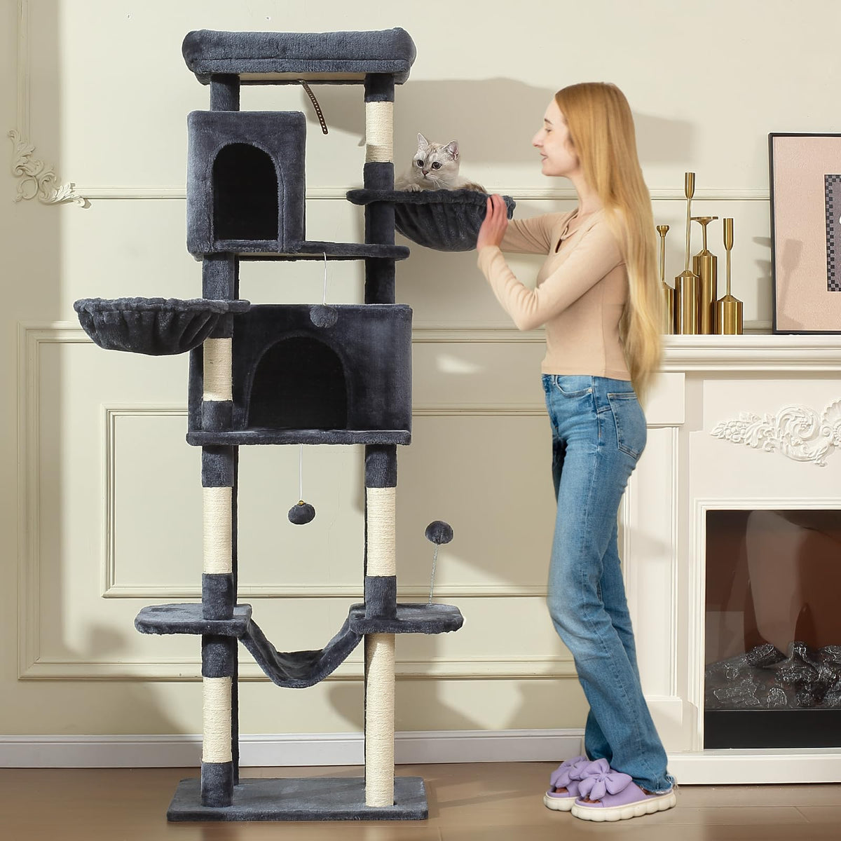 70-Inch Large Cat Tree Tower with Hammock, Scratching Post, Condo, Dark Gray A1728