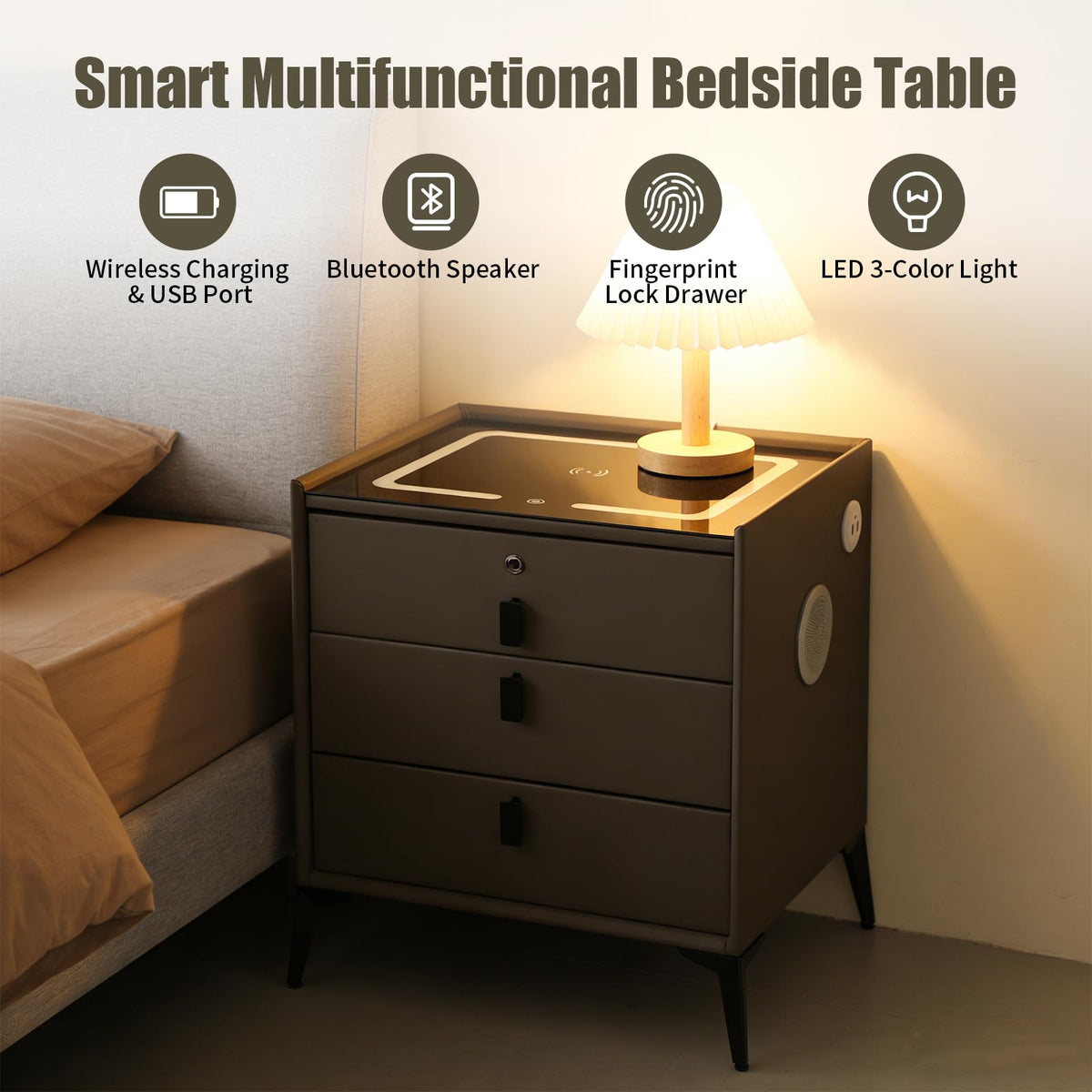 Dark Grey 3-Drawer Nightstand with Charging Station P5778