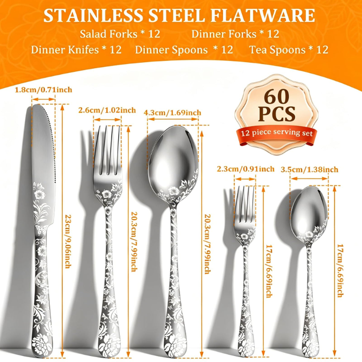 60 Piece Floral Stainless Steel Silverware Set P8741