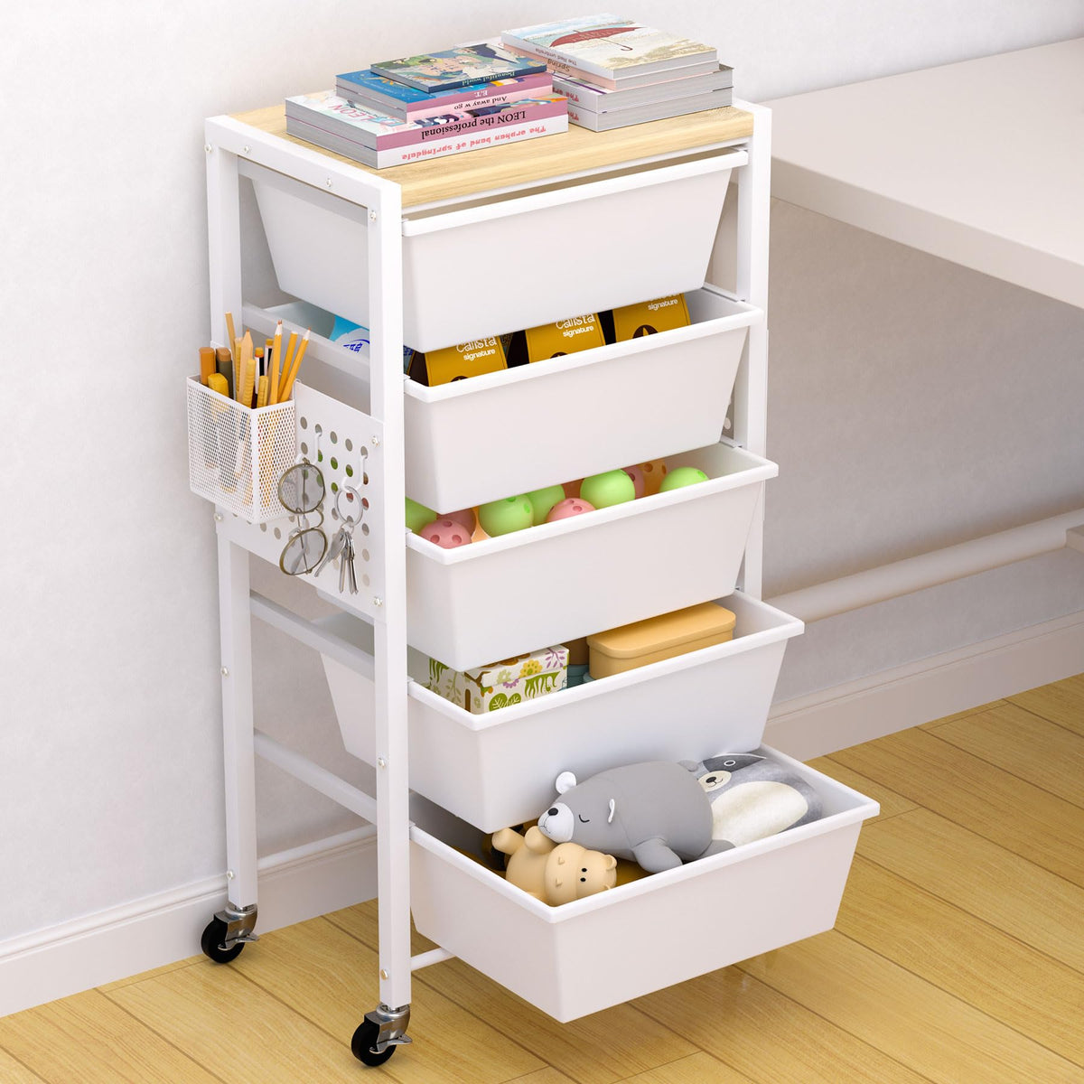 Rolling Storage Cart with 5 Plastic Drawers and Wooden Tabletop E919