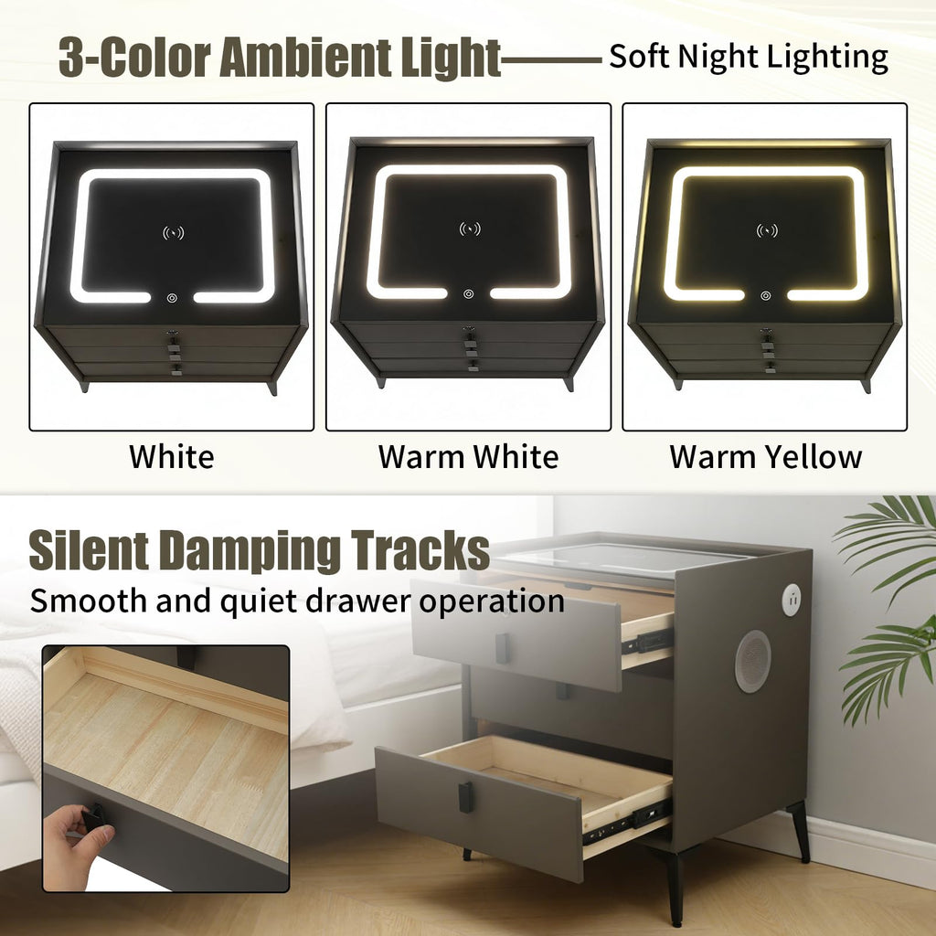 Dark Grey 3-Drawer Nightstand with Charging Station P5778