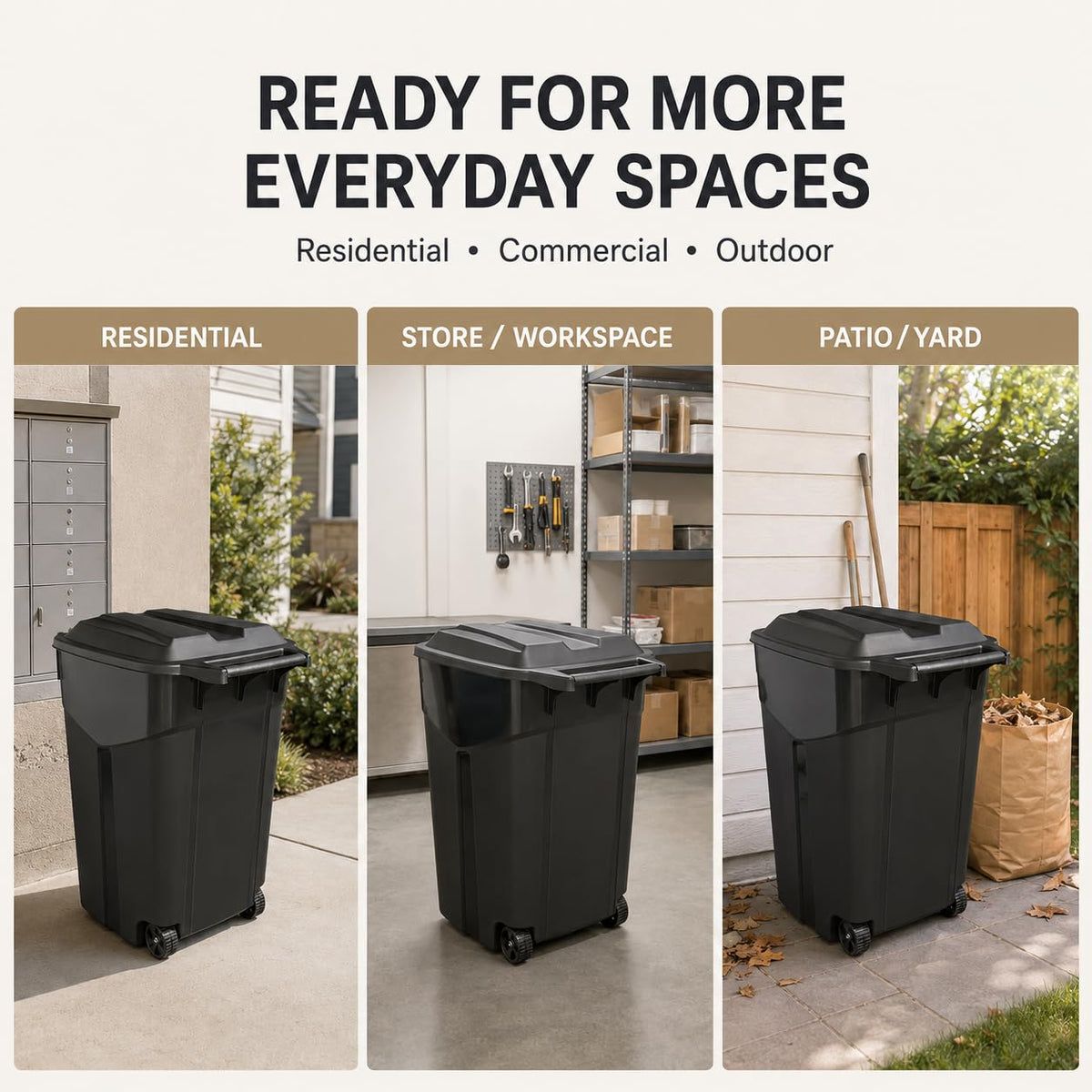 45 Gallon Black Outdoor Trash Can with Wheels and Attached Lid P902