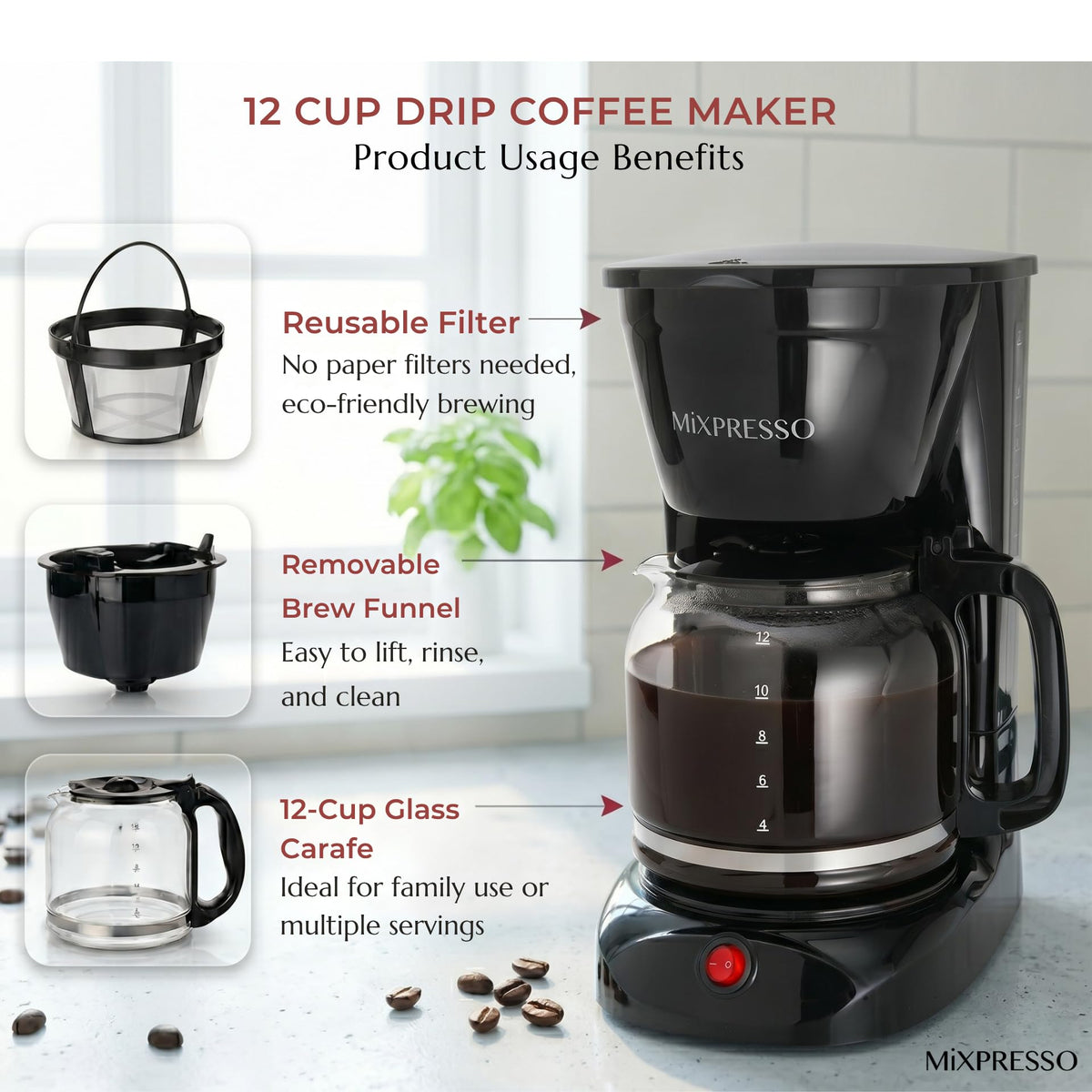 12 Cup Drip Coffee Maker with Reusable Filter, Black O8153