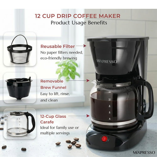 12 Cup Drip Coffee Maker with Reusable Filter, Black O8153