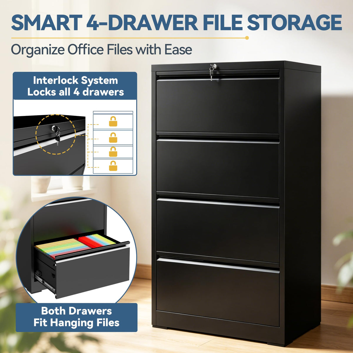 4 Drawer Black Metal File Cabinet with Lock X26168