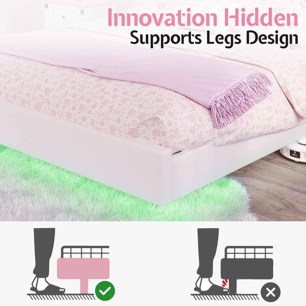 White Full Floating Bed Frame with Adjustable Headboard D27360