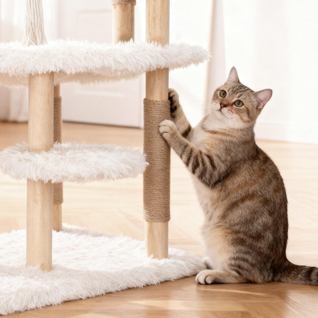 70" Tall Natural Solid Wooden Cat Tree Tower with Scratch Posts M978