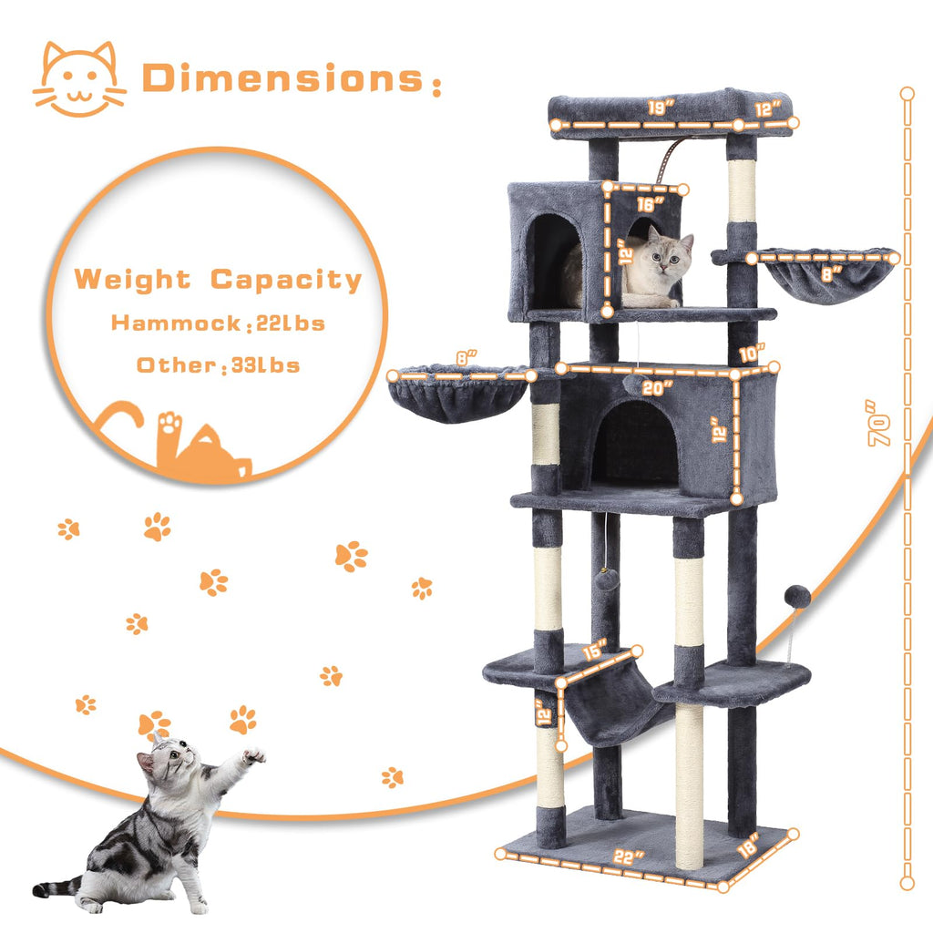 70-Inch Large Cat Tree Tower with Hammock, Scratching Post, Condo, Dark Gray A1728