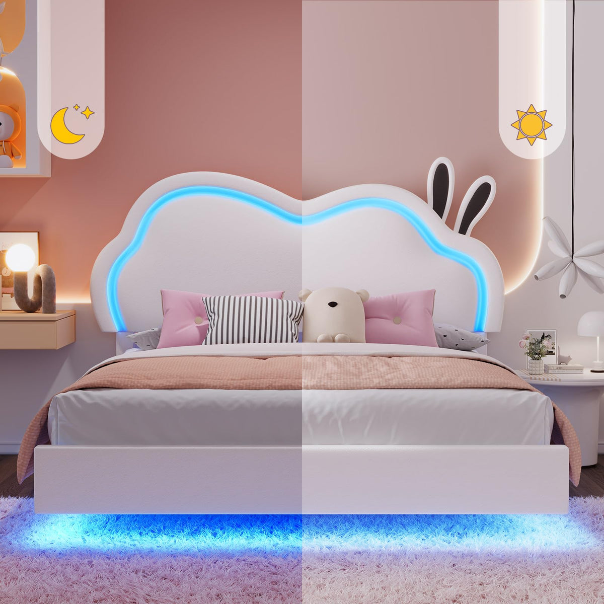 White Full Floating Bed Frame with Adjustable Headboard D27360