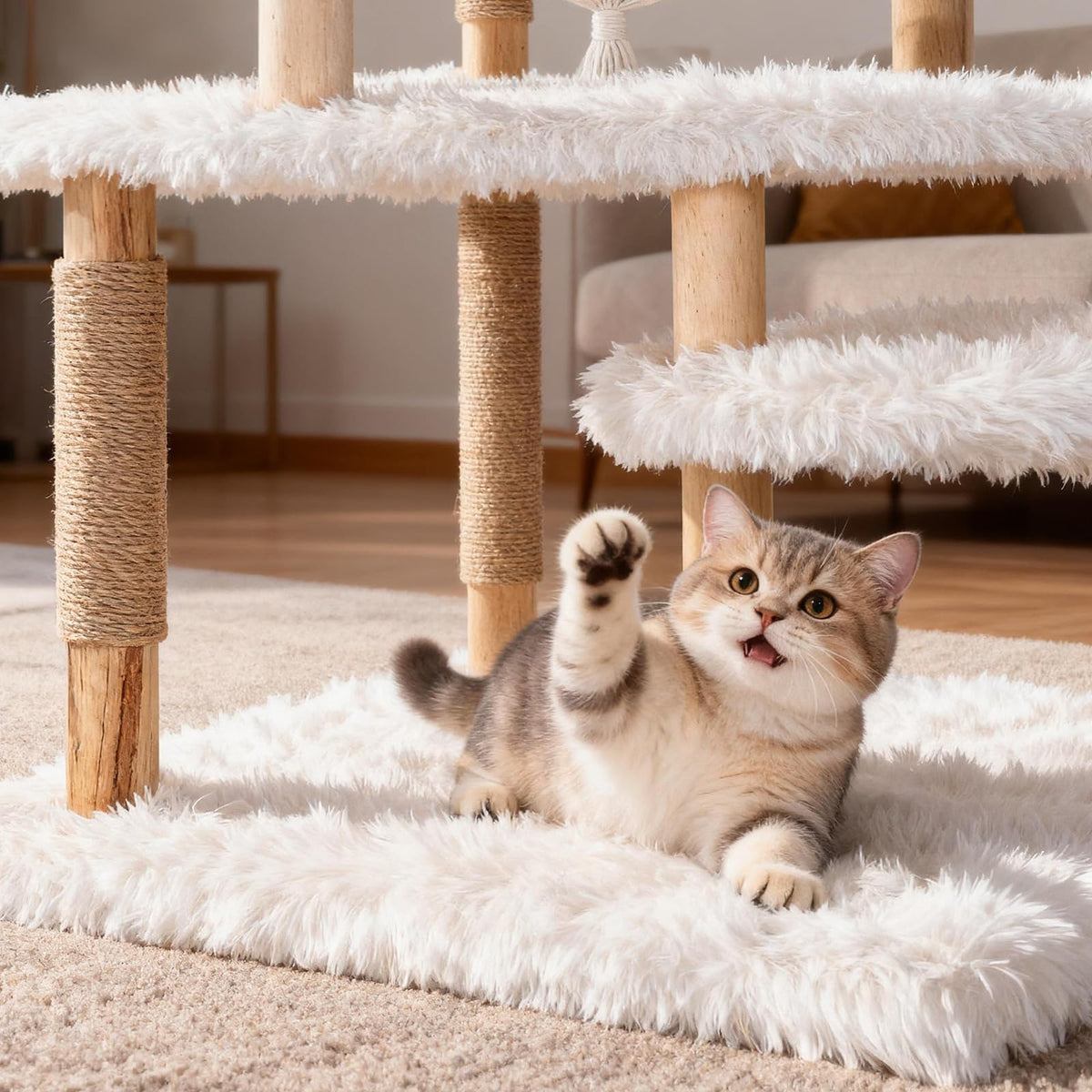 70" Tall Natural Solid Wooden Cat Tree Tower with Scratch Posts M978