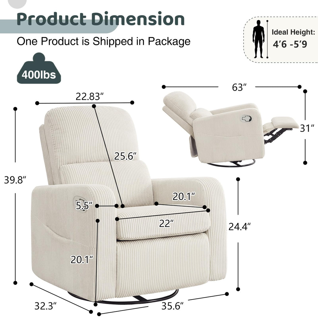 Oversized Corduroy Swivel Rocker Recliner Chair F717