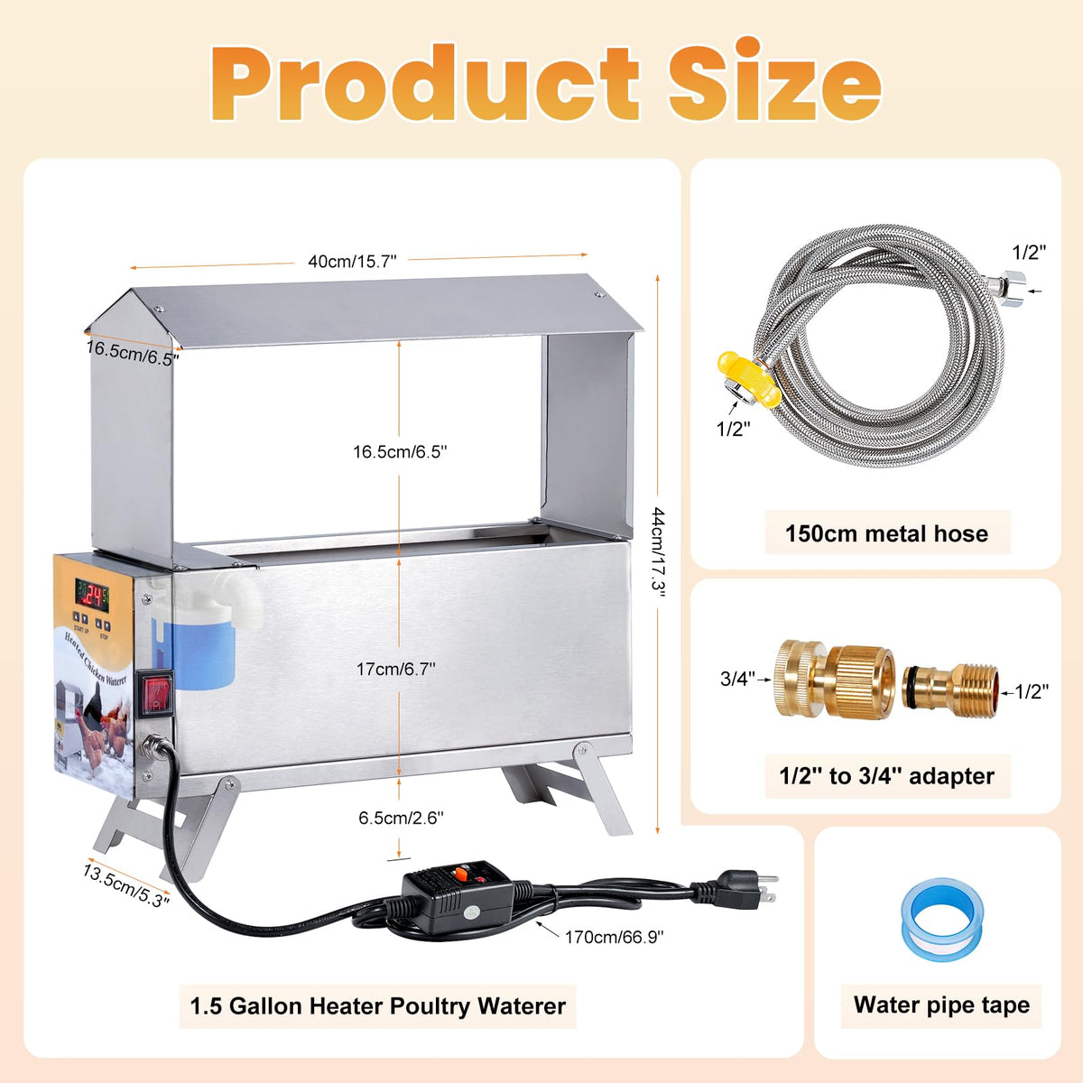 Heated 2 Gallon Stainless Steel Chicken Waterer I729